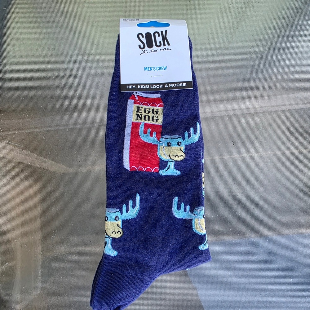 Sock It To Me Hey Kids Look A Moose Egg Nog Mens Crew Socks MEF0530 Navy Blue